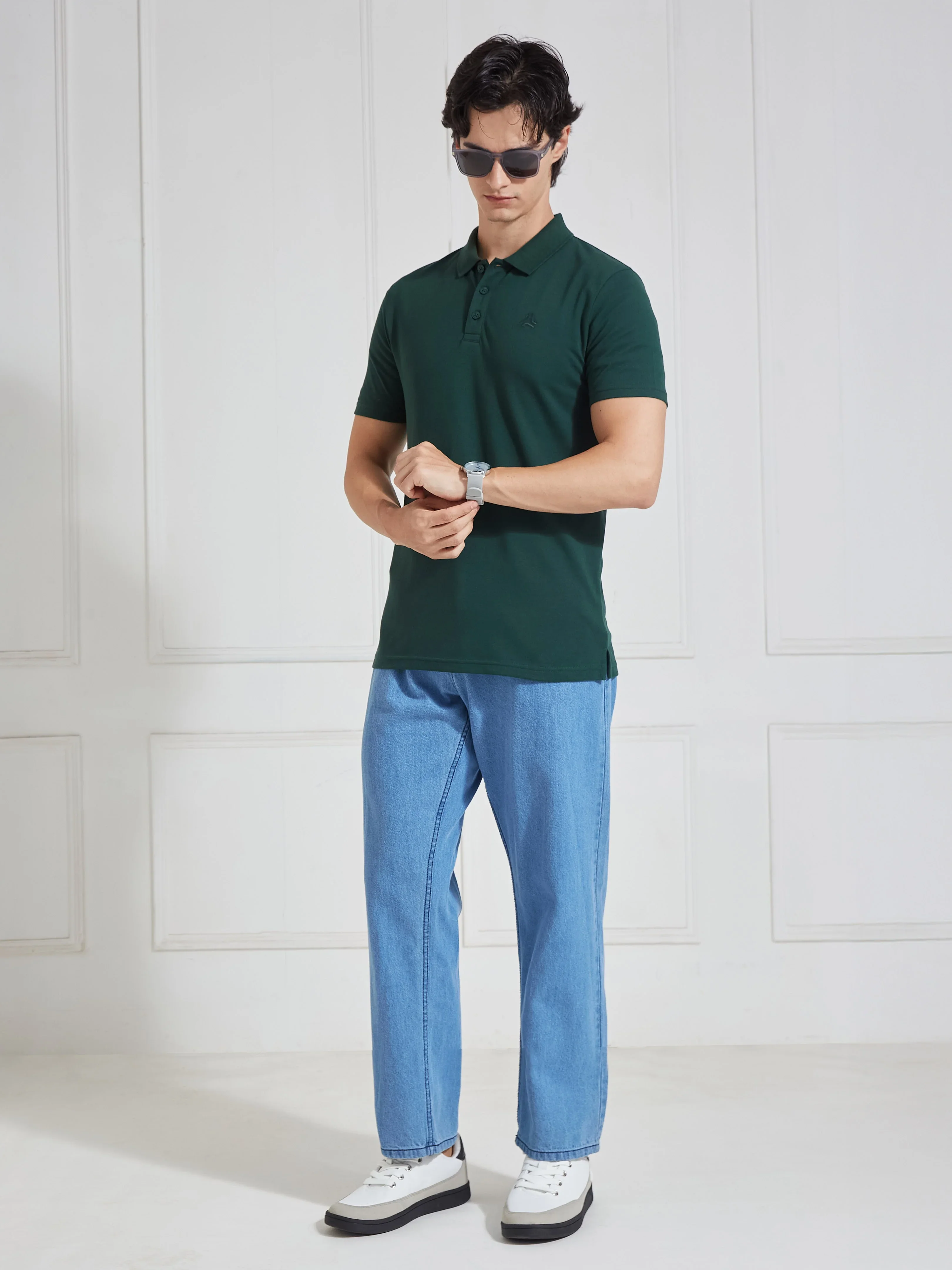 Men's Green Solid Polo Collar T-Shirt - Image 5