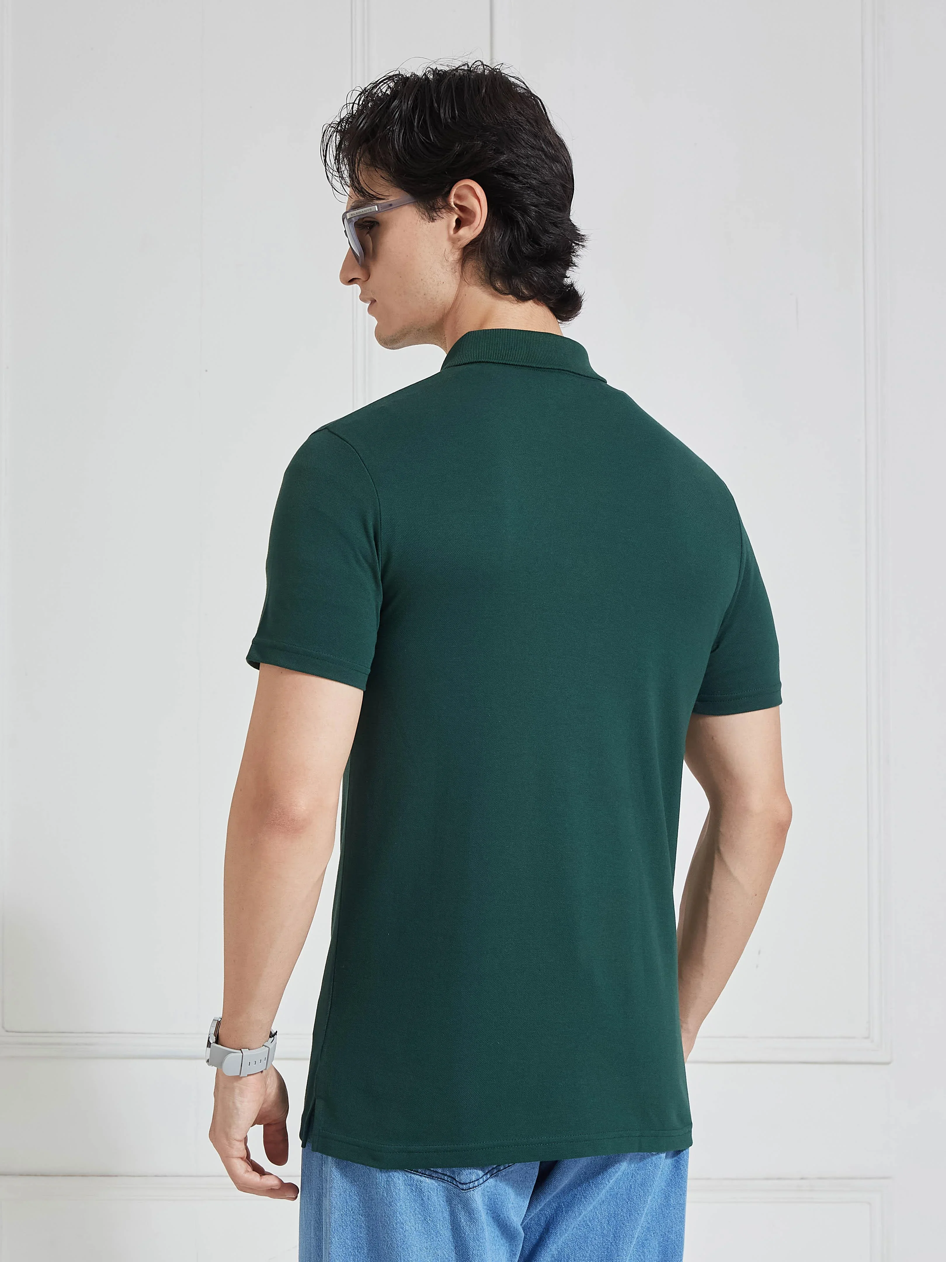 Men's Green Solid Polo Collar T-Shirt - Image 6