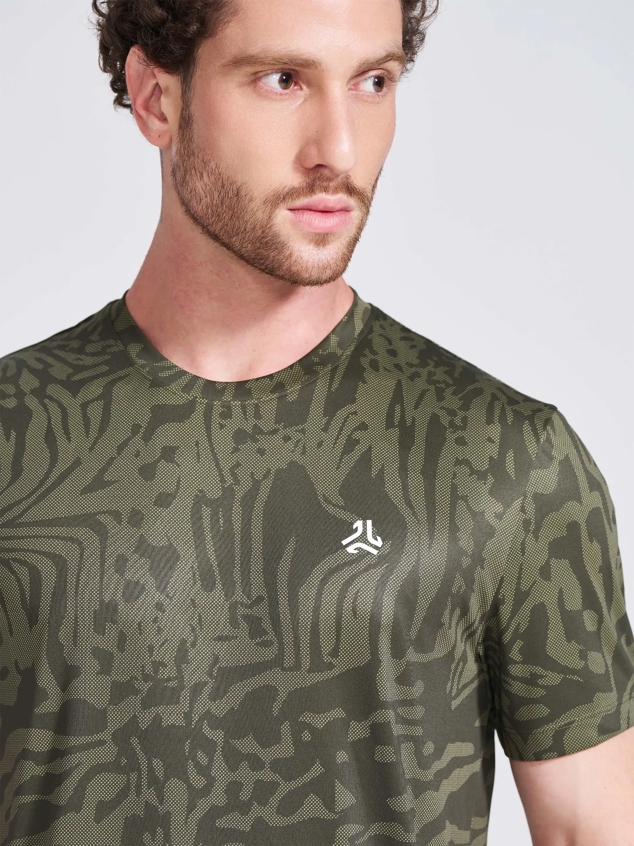 Men's Olive Printed Round Neck T-Shirt - Image 2